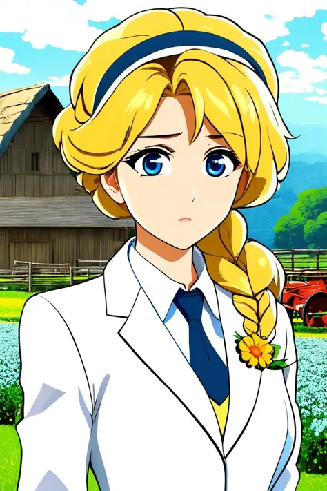 edgCosette,braid,white suit with flower, skirt, blonde hair, standing close up, young, makeup, shocked,
beautiful face, masterpiece, highres, anime, cartoon, animation,
Small farm and animals grazing,
 <lora:edgCosettePony:1.2>