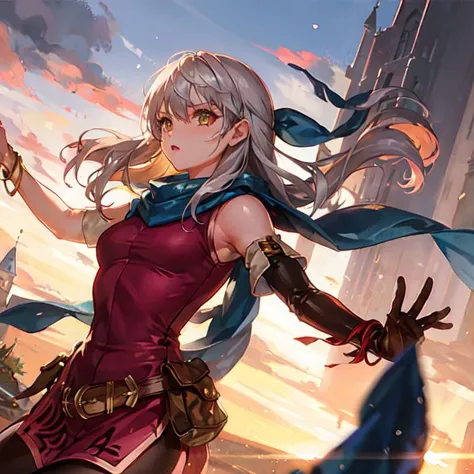 1girl, <lora:fireemblem_micaiah-10>, micaiah \(fire emblem\), hair ribbon, sleeveless dress, pantyhose, elbow gloves, jewelry, bracelet, scarf, belt, boots, action pose, dynamic camera, serious, european fantasy castle background
