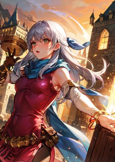 1girl, <lora:fireemblem_micaiah-10>, micaiah \(fire emblem\), hair ribbon, sleeveless dress, pantyhose, elbow gloves, jewelry, bracelet, scarf, belt, boots, action pose, dynamic camera, serious, european fantasy castle background