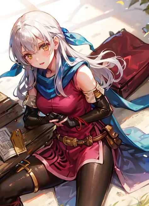 1girl, <lora:fireemblem_micaiah-10>, micaiah \(fire emblem\), hair ribbon, sleeveless dress, pantyhose, elbow gloves, jewelry, bracelet, scarf, belt, boots, tavern, laying down, relaxing