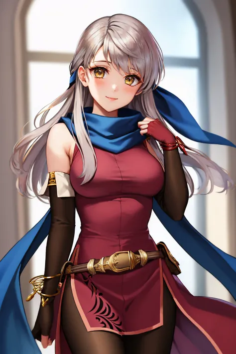 (masterpiece, best quality:1.2), solo, 1girl, micaiah \(fire emblem\), smile, looking at viewer, hand on own face, hair ribbon, sleeveless dress, pantyhose, elbow gloves, jewelry, bracelet, scarf, belt <lora:fireemblem_micaiah:1.0>