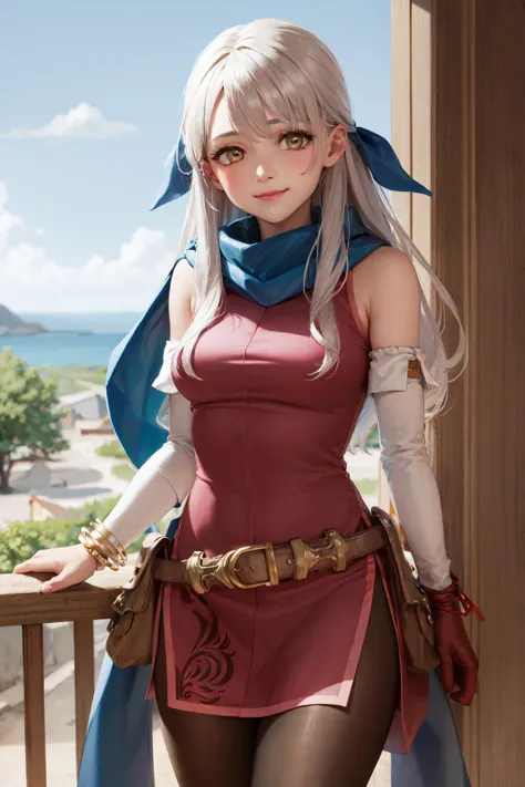 (masterpiece, best quality:1.2), <lora:fireemblem_micaiah-10:1>, cowboy shot, solo, 1girl, micaiah \(fire emblem\), smile, closed mouth, looking at viewer, hair ribbon, sleeveless dress, pantyhose, elbow gloves, jewelry, bracelet, scarf, belt