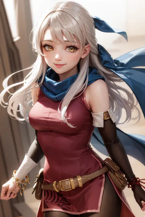 (masterpiece, best quality:1.2), <lora:fireemblem_micaiah-10:1>, cowboy shot, solo, 1girl, micaiah \(fire emblem\), smile, closed mouth, looking at viewer, hair ribbon, sleeveless dress, pantyhose, elbow gloves, jewelry, bracelet, scarf, belt