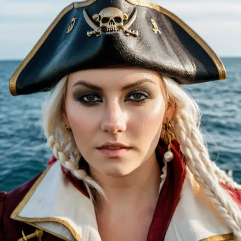 Skin Texture, Instagram iPhone Portrait photo of a woman wearing a pirate outfit on the open seas, Nikon Z9, (sharp focus), (high quality), <lora:elicuthbert_v2_xl_2_standard_wo_cap-000050:1>