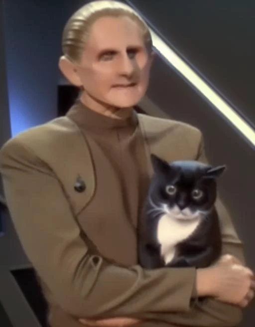 maxwell the cat <lora:odo-Lora:1> a photo of odo holding maxwell the cat lovingly