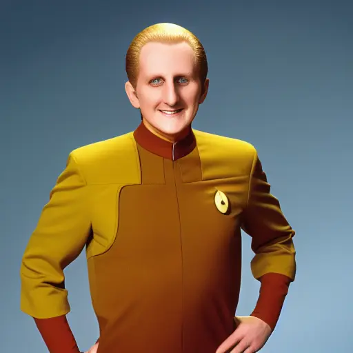 <lora:odo-Lora:0.7> a photo of odo wearing a yellow starfleet uniform and smiling awkwardly showing teeth, blue background, solid background, simple background