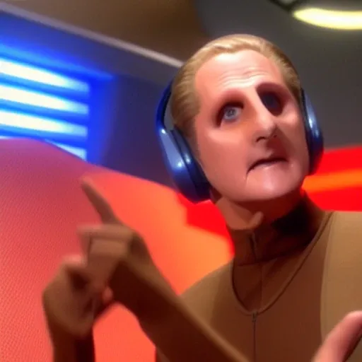<lora:odo-Lora:0.75> a photo of odo wearing headphones and pointing at something behind him with both hands