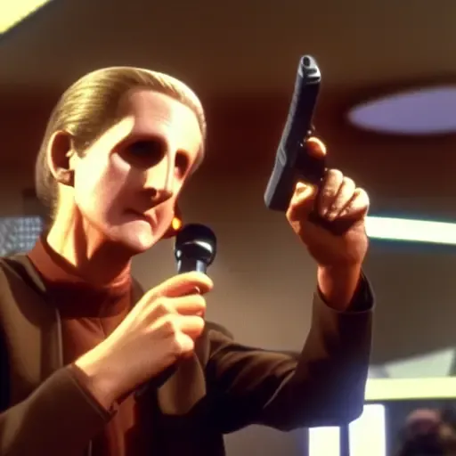 <lora:odo-Lora:0.75> a photo of odo holding a microphone in one hand and a gun in the other hand