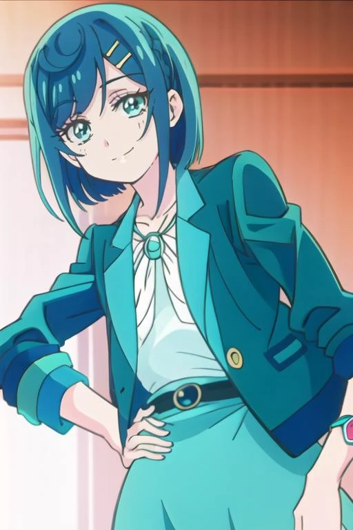 <lora:kokone:1> kokone,deep_blue_short_hair,green_eyes,aqua_jacket,white_shirt,blue_pencil_skirt, wristwatch
smile,solo