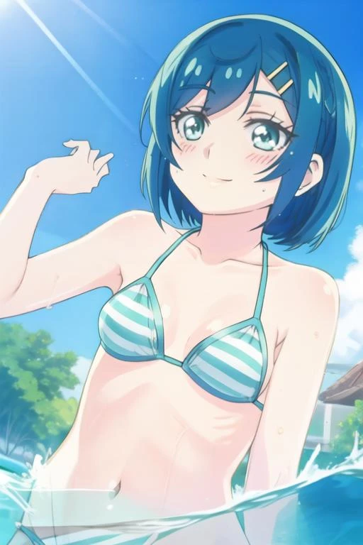 <lora:kokone:0.9> kokone,deep_blue_short_hair,green_eyes,
smile,solo,blush
Playing in the water on the beach, looking up from below, splashing water, striped  bikini  swimsuit