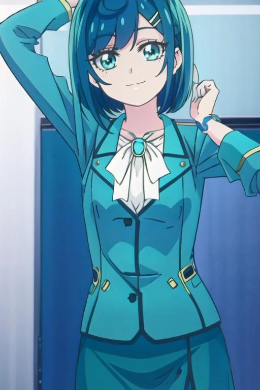 <lora:kokone:1> kokone,deep_blue_short_hair,green_eyes,aqua_jacket,white_shirt,blue_pencil_skirt, wristwatch
smile,solo