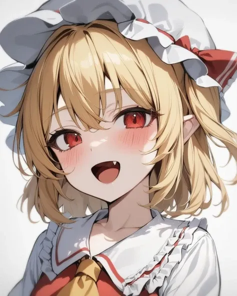 flandre scarlet,1girl, solo, mob_cap, white_background, open_mouth, fang, simple_background, blush, looking_at_viewer, yellow_ascot, portrait, white_headwear, :d, one_side_up, hat_ribbon, red_ribbon, bow, frilled_shirt_collar
<lora:flandre_scarlet_a3base-000005:1>,masterpiece, best quality