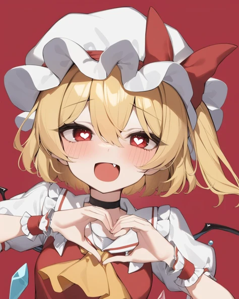 flandre scarlet,1girl, solo, mob_cap, heart-shaped_pupils, fang, open_mouth, crystal, yellow_ascot, white_headwear, wrist_cuffs, looking_at_viewer, red_ribbon, upper_body, puffy_short_sleeves, eyepatch, wings, heart_hands, hat_ribbon, one_side_up, red_vest, jewelry, red_background, frills, white_shirt, :d, black_choker, blush
<lora:flandre_scarlet_a3base-000005:1>,masterpiece, best quality