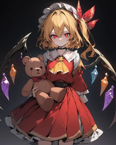 1girl,flandre scarlet, teddy_bear, solo, wings, mob_cap, holding_stuffed_toy, simple_background, crystal, frills, one_side_up, red_bow, looking_at_viewer, cowboy_shot, black_choker, standing, long_sleeves, black_background, closed_mouth, red_ribbon, glowing, bowtie, hat_ribbon, grey_background, expressionless, petticoat, hair_ribbon, red_dress, red_vest, wide_sleeves, shirt, yellow_ascot, red_skirt,masterpiece, best quality
<lora:flandre_scarlet_image12338_2023-12-11-000005:1>,star-shaped_pupils,symbol-shaped_pupils,