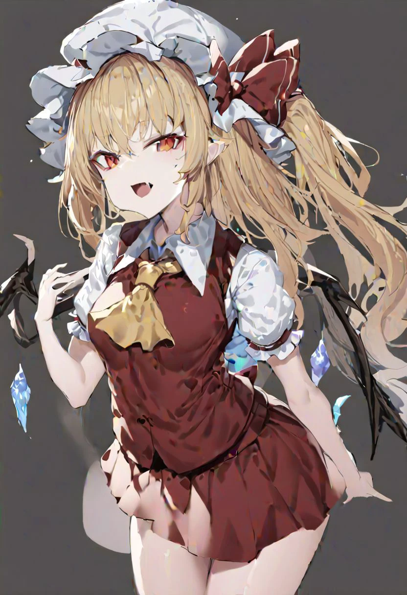masterpiece, best quality, ultra-detailed, beautiful, nai3, 1girl, solo, full_body, tachi-e,
((flandre_scarlet)):2, solo, 1girl, blonde_hair, hair_bow, short_sleeves, wings, mob_cap, vest, ascot, bowtie, side_ponytail, hat, red_eyes, white_headwear, fang, yellow_ascot, puffy_short_sleeves, red_vest, bangs, hat_bow, one_side_up, shirt, crystal, long_hair, skin_fang,