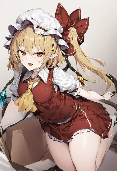 masterpiece, best quality, ultra-detailed, beautiful, nai3, 1girl, solo, full_body, tachi-e, 
((flandre_scarlet)):2, solo, 1girl, blonde_hair, hair_bow, short_sleeves, wings, mob_cap, vest, ascot, bowtie, side_ponytail, hat, red_eyes, white_headwear, fang, yellow_ascot, puffy_short_sleeves, red_vest, bangs, hat_bow, one_side_up, shirt, crystal, long_hair, skin_fang,