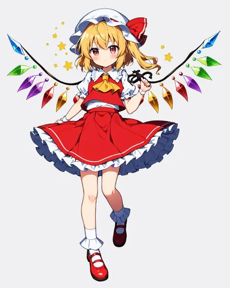 flandre scarlet,1girl, solo, laevatein_\(touhou\), wings, mob_cap, red_footwear, red_skirt, red_vest, full_body, white_background, mary_janes, yellow_ascot, puffy_short_sleeves, crystal, white_socks, :p, looking_at_viewer, hat_ribbon, simple_background, red_ribbon, white_headwear, white_shirt, standing, side_ponytail, skirt_set, bobby_socks, one_side_up, blush, frilled_skirt, holding_weapon, shadow
<lora:flandre_scarlet_image12338_2023-12-11-000005:1>,star-shaped_pupils,symbol-shaped_pupils,. gorgeous,key visual, vibrant, studio anime,award-winning, professional, highly detailed,high budget, cinemascope