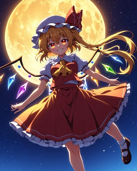 flandre scarlet, 1girl, wings, solo, hat, side_ponytail, grin, ascot, skirt_set, mary_janes, glowing, full_moon
<lora:flandre_scarlet_image12338_2023-12-11-000005:1>,star-shaped_pupils,symbol-shaped_pupils,. gorgeous,key visual, vibrant, studio anime,award-winning, professional, highly detailed,high budget, cinemascope