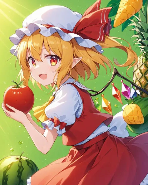 flandre scarlet,1girl, solo, red_skirt, mob_cap, wings, red_vest, fang, open_mouth, puffy_short_sleeves, kiwi_\(fruit\), apple, pineapple, white_headwear, crystal, white_shirt, skirt_set, tomato, grapes, yellow_ascot, hat_ribbon, profile, rainbow_order, red_ribbon, melon, smile, from_side, carrot, eggplant
<lora:flandre_scarlet_image12338_2023-12-11-000005:1>,star-shaped_pupils,symbol-shaped_pupils,. gorgeous,key visual, vibrant, studio anime,award-winning, professional, highly detailed,high budget, cinemascope