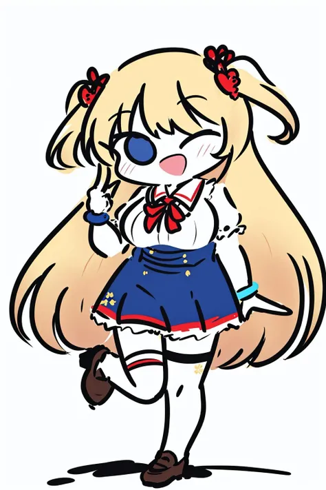<lora:Zzul03:1>, 1girl, akai haato, long hair, solo, blonde hair, virtual youtuber, thighhighs, one eye closed, ribbon, heart, skirt, open mouth, smile, very long hair, breasts, red ribbon, thigh strap, white background, simple background, black thighhighs, shoes, full body, shirt, loafers, blue eyes, standing, blue skirt, hair ornament, white shirt, heart hair ornament, short sleeves, hair ribbon, standing on one leg, one side up, looking at viewer, ;d, brown footwear, bangs, high-waist skirt, index finger raised, blush, zettai ryouiki, neck ribbon, bracelet, large breasts, leg up, skindentation, collared shirt, medium breasts, pointing, arm up, miniskirt