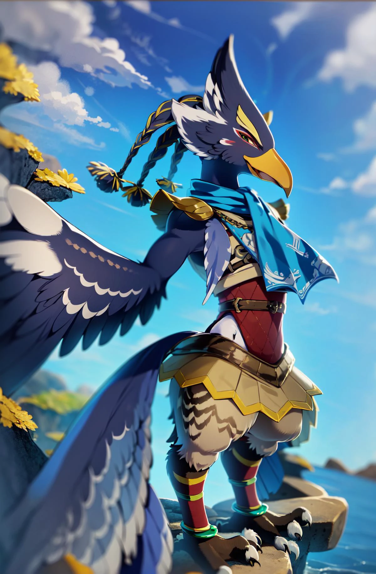 masterpiece, best quality revali, ,anthro avian bird, beak, ((winged-arms)), detailed, masterpiece, forest background, blue sky , green eyes, bird tail, armor, feathered wings, claws, tail, blue, feathers, anklet, bird legs, looking at viewer, fullbody