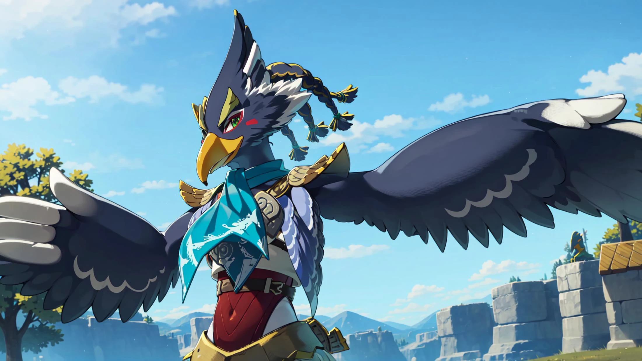 masterpiece, best quality revali, ,anthro avian bird, beak, ((winged-arms)), detailed, masterpiece, forest background, blue sky , green eyes, looking at viewer