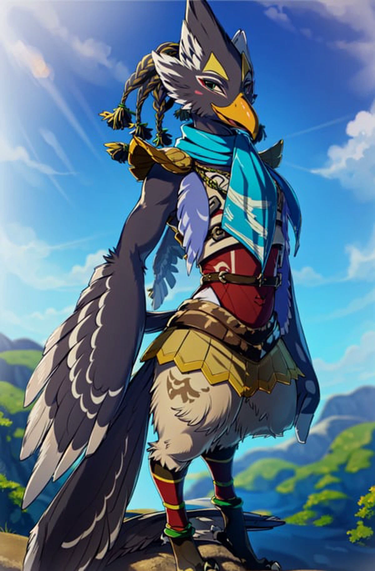 masterpiece, best quality revali, ,anthro avian bird, beak, ((winged-arms)), detailed, masterpiece, forest background, blue sky , green eyes, bird tail, armor, feathered wings, claws, tail, blue, feathers, anklet, bird legs, looking at viewer, fullbody