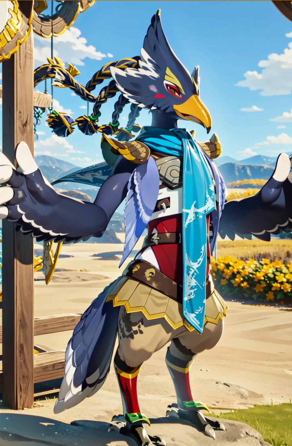 masterpiece, best quality revali, ,anthro avian bird, beak, ((winged-arms)), detailed, masterpiece, forest background, blue sky , fullbody