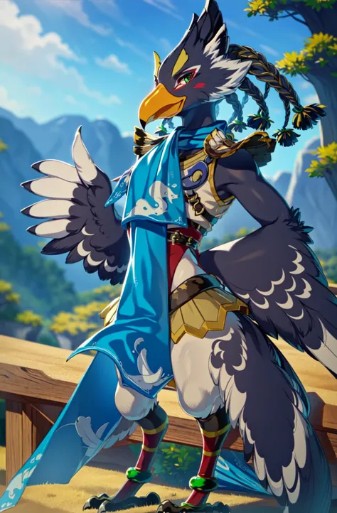 masterpiece, best quality revali, ,anthro avian bird, beak, ((winged-arms)), detailed, masterpiece, forest background, blue sky , green eyes, bird tail, armor, feathered wings, claws, tail, blue, feathers, anklet, bird legs, looking at viewer, fullbody