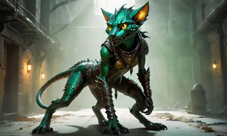 18. A female kobold rogue with scales that shimmer like emeralds in the light. Her eyes are an intense shade of amber, reflecting her cunning and intelligence. She moves with a feline grace, her form almost too small to see clearly. When she strikes, it is with the speed and precision of a true assassin. in a dystopian future, detailed setting, with mist and smoke, and colorful accent lighting