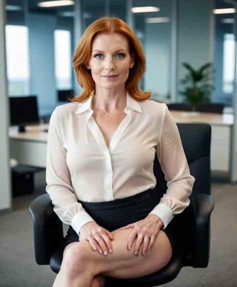 cinematic photo photo, realism,RAW Amateur Photo
A ginger-haired mischievous 42 year old german woman , looking to viewer
full body shot, in office, sitting in ceo_chair, tightest blouse,translucent, crossed_legs
 . 35mm photograph, film, bokeh, professional, 4k, highly detailed