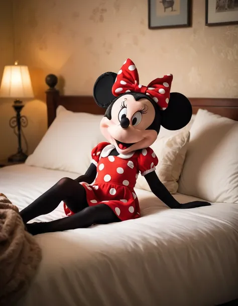 A photo of (Minnie lying nude on bed:1.3), (relaxed posture:1.1), cartoon charm meets real world, (soft bedding contrast:1.1), playful atmosphere, (iconic ears silhouette:1.2), (ambient room lighting:1.1), (whimsical touch:1.2), detailed plush texture, Canon EOS R, 1/60s, f/2.8, ISO 400, (vibrant character details:1.1), RAW capture, (captivating simplicity:1.1).
