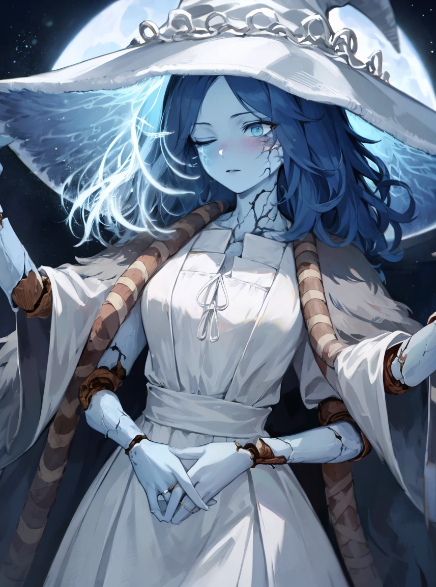 masterpiece, detailed, high quality, absurdres, ranni, 1girl, solo, cracked skin, doll joints, extra arms, one eye closed, blush, medium breasts, curvy, witch hat, white headwear, fur cloak, white dress, ring, cowboy shot,