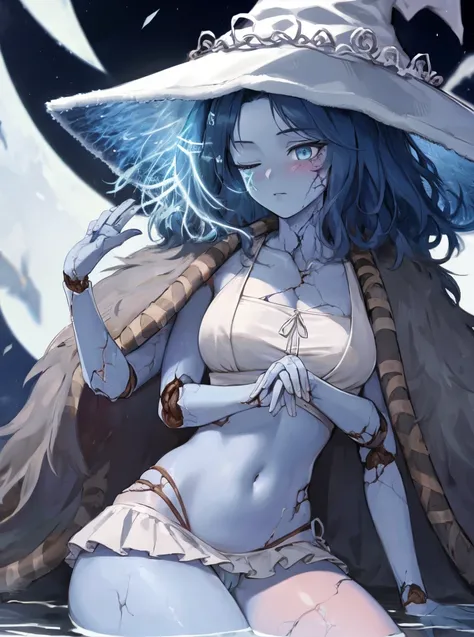 masterpiece, detailed, high quality, absurdres, ranni, 1girl, solo, cracked skin, doll joints, one eye closed, four arms, blush, medium breasts, curvy, witch hat, white headwear, swimsuit, crop top, white microskirt, (frills:1.3), cameltoe, sitting, (partially submerged), moon, cowboy shot,