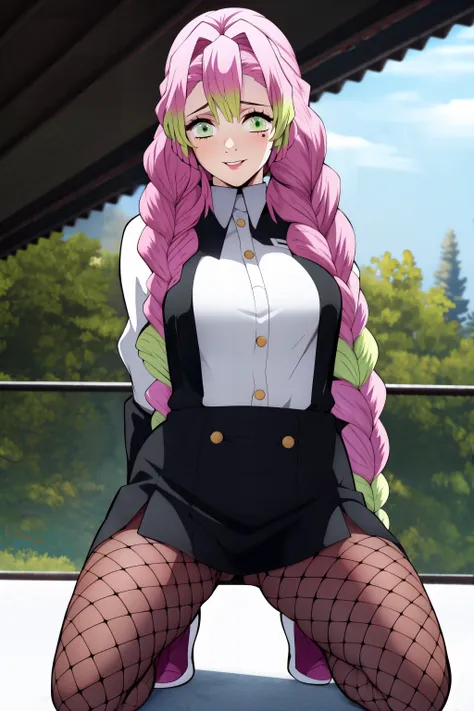<lora:Mitsuri_Kanroji:0.8> 1girl,demon slayer uniform, solo, kanroji mitsuri, demon slayer,nature, long hair, smiling, green eyes, pink hair, braid, outdoors, green hair, mole, blurry, twin braids, mole under eye,
(masterpiece), (((best quality))), ((ultra-detailed)),cinematic light, (beautiful lighting:1.2), 8k , (high res:1.4), (colorful:1.1), <lora:add_detail:0.8>,
<lora:Fishnet:0.8> black fishnet, spread legs, kneeling,
<lora:cutememe02:0.14>