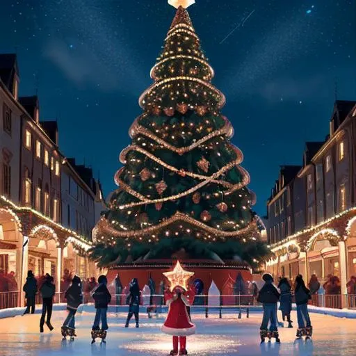 A grand, enchanting Christmas tree stands proudly in the town square, towering above with its ornaments glistening like stars in the night sky. Underneath, children with rosy cheeks skate gracefully on an ice rink, their laughter echoing through the crisp winter air.