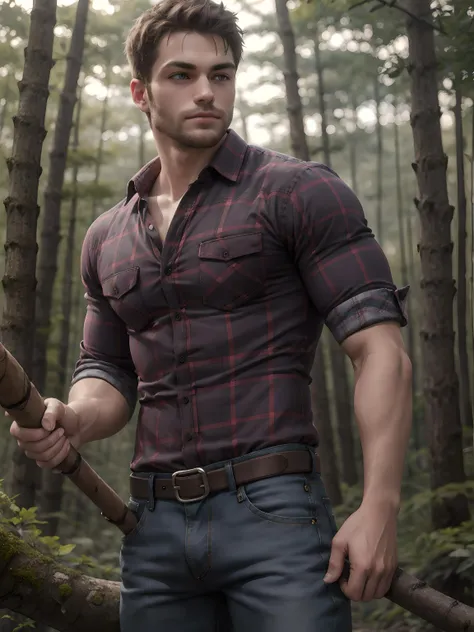 (masterpiece, best quality), man, male, (lumberjack, plaid shirt), muscles, buff, holding axe, forest, trees, perfect face, perfect eyes, looking at viewer, jeans, posing,