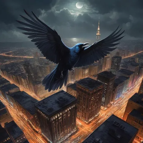 Hyperrealistic art of  <lora:graphic novel style:1.2>
1980's a bird flying over a dark city at night In the graphic novel style, Extremely high-resolution details, photographic, realism pushed to extreme, fine texture, incredibly lifelike