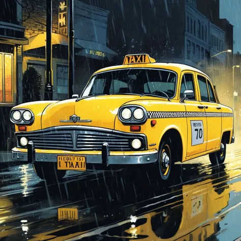 comic book art of  <lora:graphic novel style:1.2>
1980's a yellow taxi car driving down a wet street at night In graphic novel style, comic art, graphic novel illustration