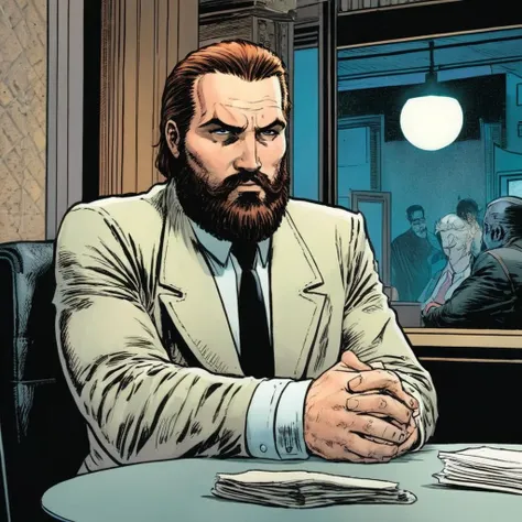 comic book art of  <lora:graphic novel style:1.2>
1980's a criminal kingpin man with a beard sitting at a table In graphic novel style, comic art, graphic novel illustration