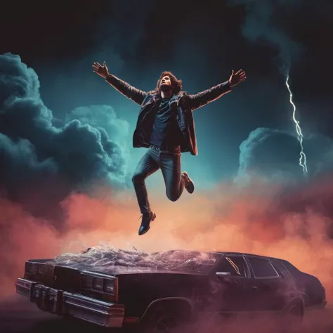 concept art of <lora:graphic novel style:1.2>
1980's a man is jumping in the air on the rood top with smoke and night sky in the back In the graphic novel style, digital artwork, illustrative, painterly, matte painting, highly detailed