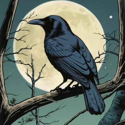 comic book art of  <lora:graphic novel style:1.2>
1980's a black bird sitting on a branch in front of a full moon graphic novel style, comic art, graphic novel illustration