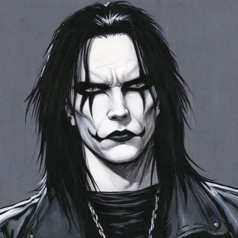 comic book art of <lora:graphic novel style:1.2>
Eric Draven choppy hair a closeup drawing of a sad man with long hair In graphic novel style, comic art, graphic novel illustration