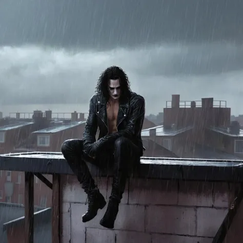 concept art of <lora:graphic novel style:1.2>
Eric Draven choppy hair a man with a naked body sitting on rooftop ledge in the rain In graphic novel style, digital artwork, illustrative, painterly, matte painting, highly detailed