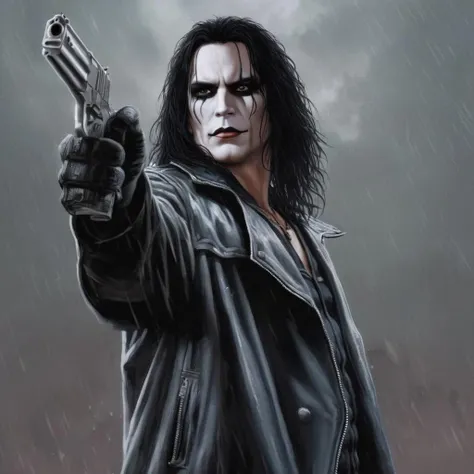 Hyperrealistic art of  <lora:graphic novel style:1.2>
Eric Draven choppy hair a man in a raincoat holding a gun In the graphic novel style, Extremely high-resolution details, photographic, realism pushed to extreme, fine texture, incredibly lifelike