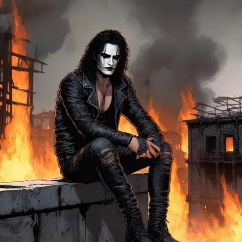 concept art of  <lora:graphic novel style:1.2>
1980's Eric Draven choppy hair a manga drawing of a man sitting on a ledge in a burned wrecked city with fire and smoke In the graphic novel style, digital artwork, illustrative, painterly, matte painting, highly detailed