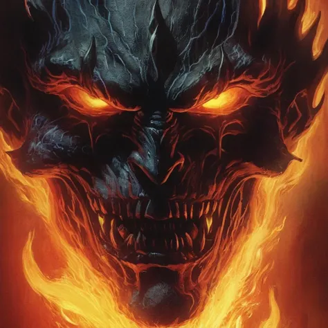 concept art of <lora:graphic novel style:1.2>
1980's a close up of a demonic face with flames In the graphic novel style, digital artwork, illustrative, painterly, matte painting, highly detailed