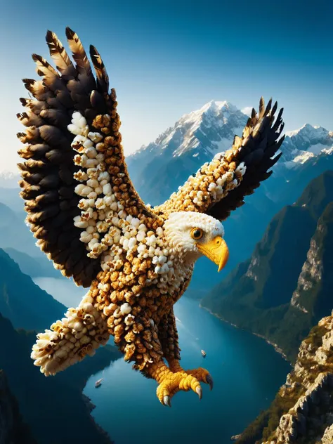 A wildlife photo capturing a popc coated eagle in flight, its feathers detailed with popcorn, against a dramatic mountain range, captured with a Fujifilm GFX 100 for ultra-high resolution <lora:popc:1.5> <lora:EnvyBetterHiresFixXL01:0:hr=1>