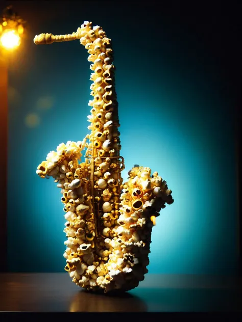 A photograph of a popc encrusted saxophone, the golden kernels complementing the brass, set in an intimate jazz club atmosphere, captured with a Pentax K-1 Mark II for moody lighting <lora:popc:1.5> <lora:EnvyBetterHiresFixXL01:0:hr=1>