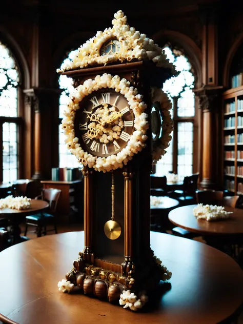 A still-life photograph of a popc covered antique clock, its intricate hands and numbers popping out, set against the backdrop of an old library, shot with an Olympus OM-D E-M1X for vintage vibes <lora:popc:1.5> <lora:EnvyBetterHiresFixXL01:0:hr=1>